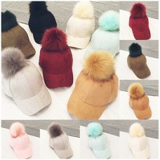 Mujer Faux Fox Fur Pompom Ball Suede Adjustable Baseball Cap HipHop Hat Winter  eb-08596216